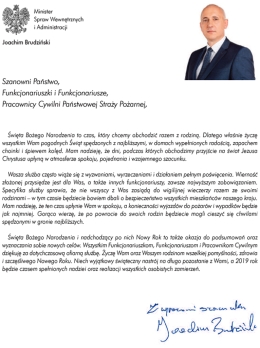 Życzenia świąteczno-noworoczne Ministra Spraw Wewnętrznych i Administracji Joachima Brudzińskiego