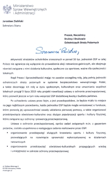 LIST SEKRETARZA STANU MSWiA JAROSŁAWA ZIELIŃSKIEGO DO DRUHEN I DRUHÓW OCHOTNICZYCH STRAŻY POŻARNYCH W SPRAWIE DODATKOWYCH ŚRODKÓW FINANSOWYCH NA DZIAŁALNOŚĆ OSP.